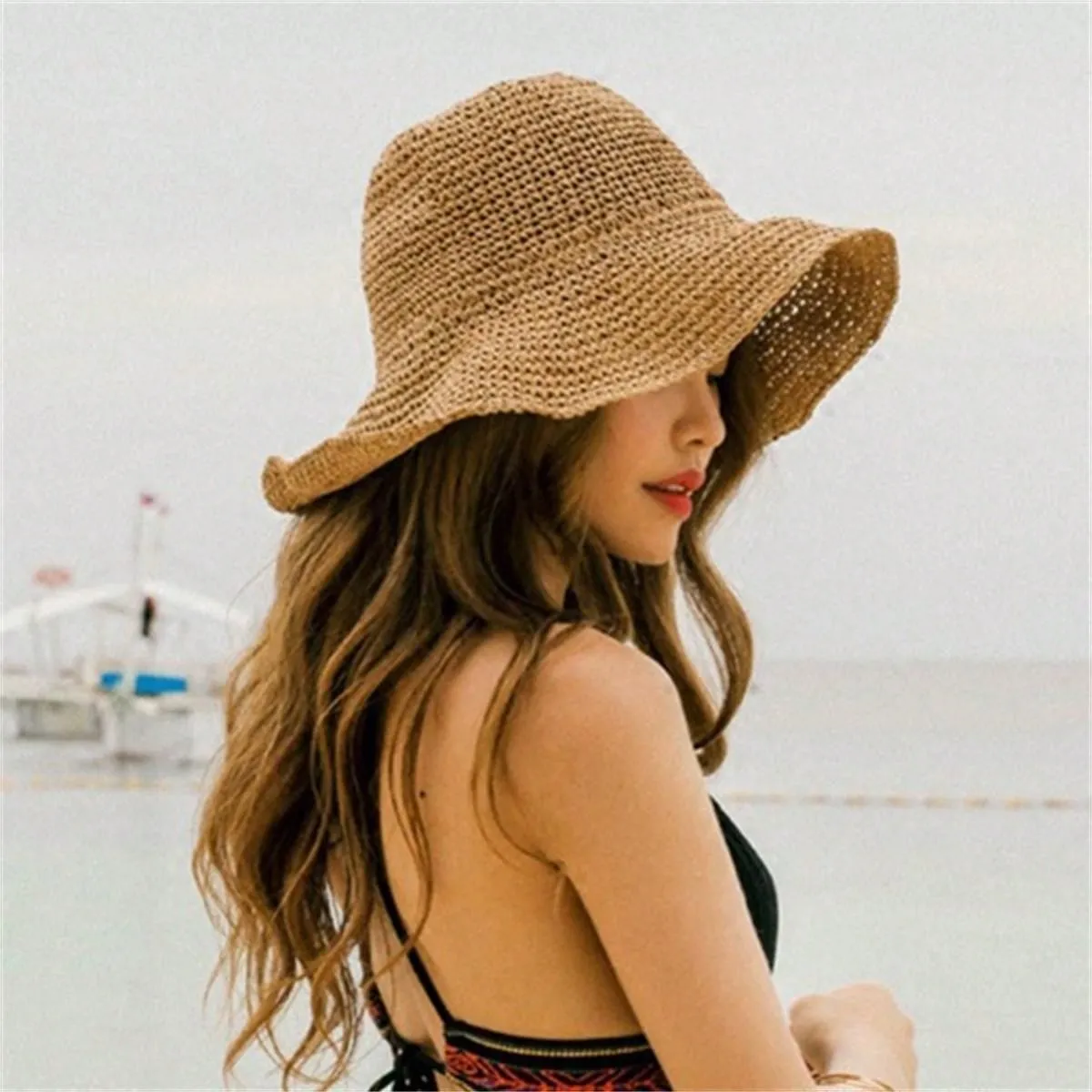1pc Foldable Handmade Solid Color Crocheted Sun Hat, Women Beach Vacation Wide Brim Hat