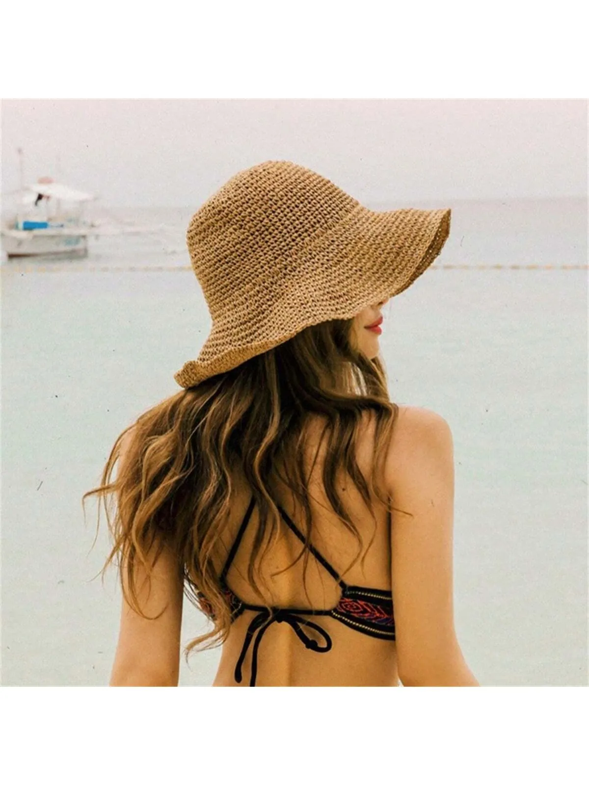 1pc Foldable Handmade Solid Color Crocheted Sun Hat, Women Beach Vacation Wide Brim Hat