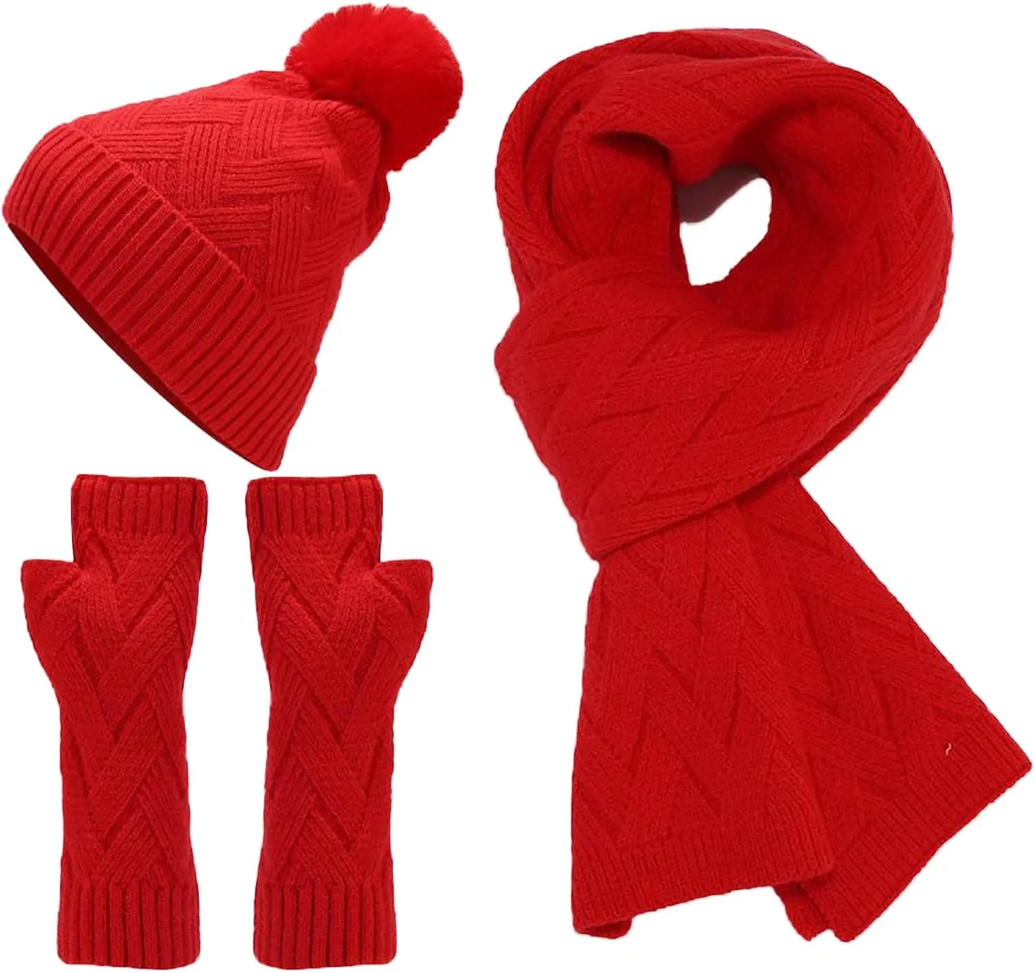 3 in 1 Set Women Men Beanie Scarf Gloves Set Fleece Lined Pom Pom Beanie Warm Knit Long Scarf Gloves for Cold Weather