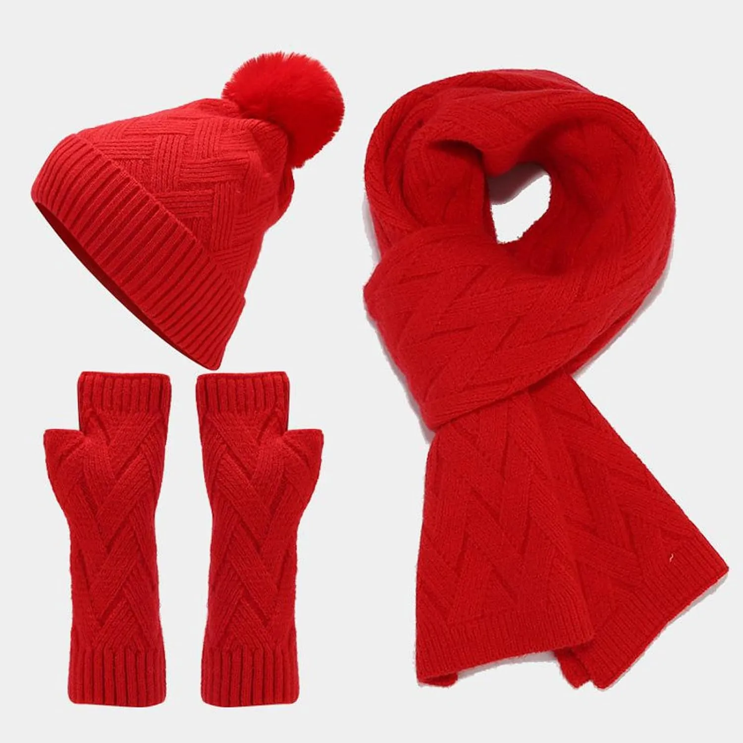 3 in 1 Set Women Men Beanie Scarf Gloves Set Fleece Lined Pom Pom Beanie Warm Knit Long Scarf Gloves for Cold Weather