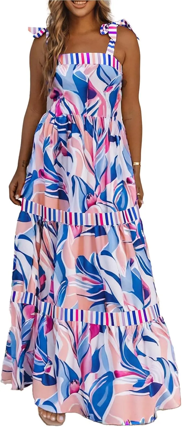 AlvaQ Women's 2025 Summer Sleeveless Floral Print Maxi Dress Strap Square Neck Beach Sun Dress
