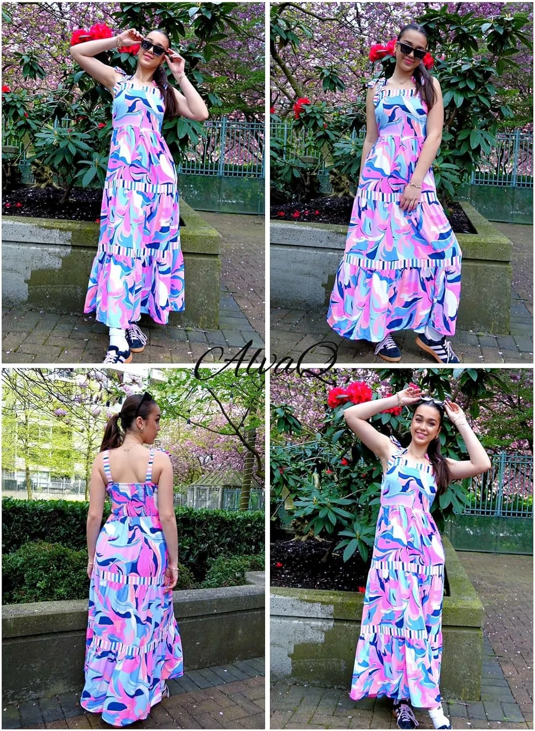 AlvaQ Women's 2025 Summer Sleeveless Floral Print Maxi Dress Strap Square Neck Beach Sun Dress