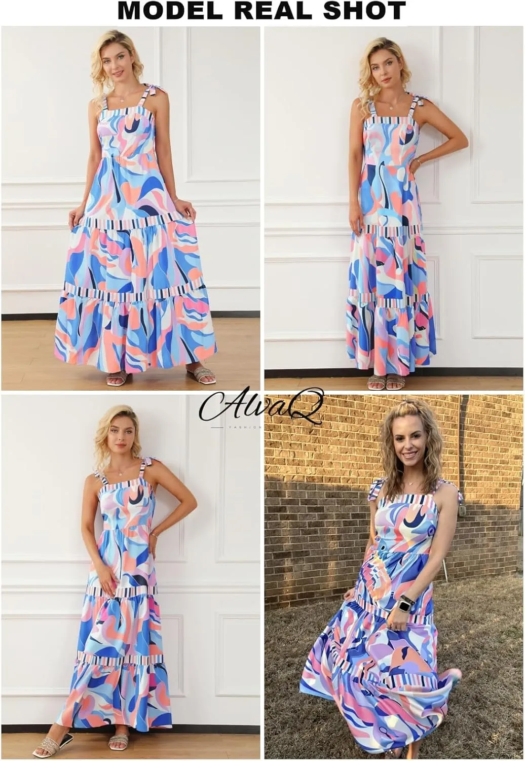 AlvaQ Women's 2025 Summer Sleeveless Floral Print Maxi Dress Strap Square Neck Beach Sun Dress