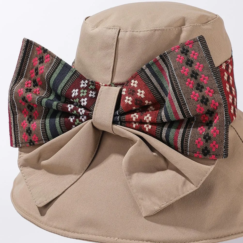 Boho Striped Bucket Sun Hats Packable Wide Brim UPF 50  with String Bow Women