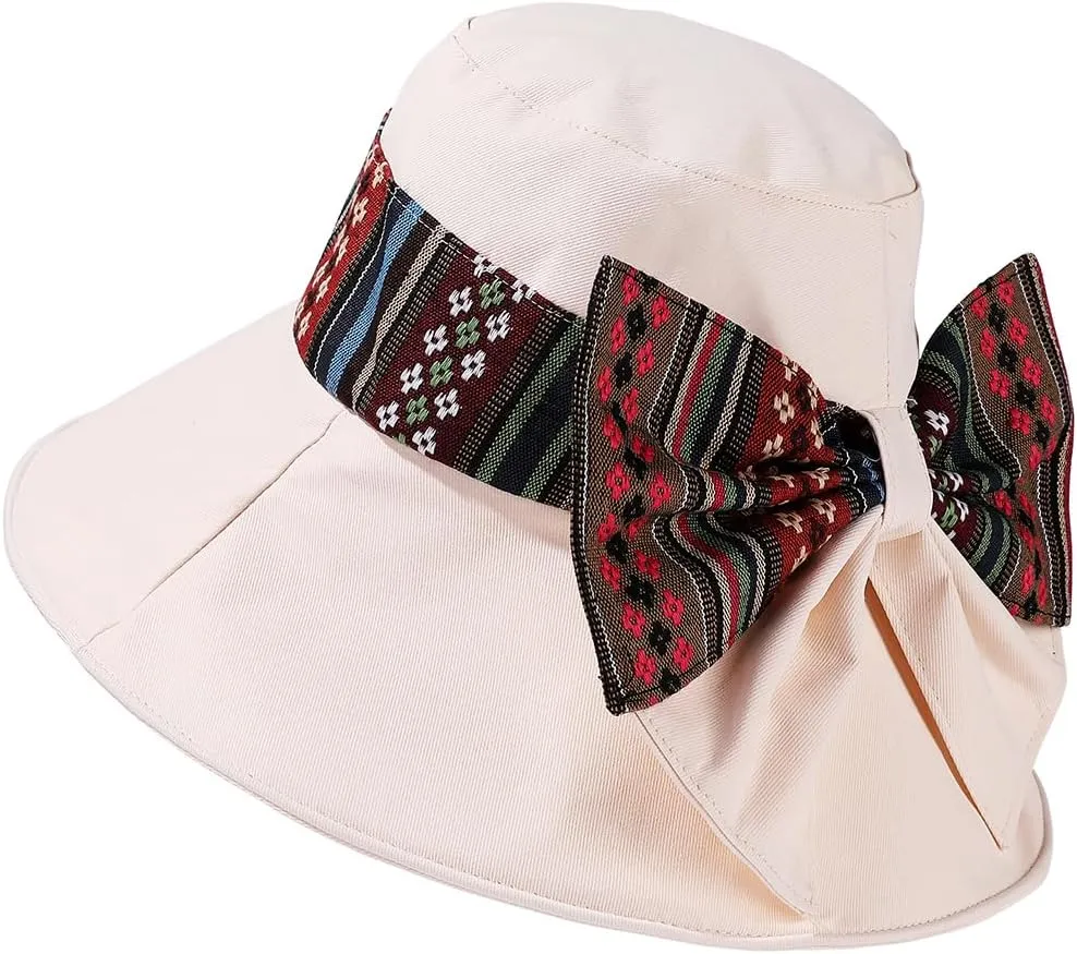 Boho Striped Bucket Sun Hats Packable Wide Brim UPF 50  with String Bow Women