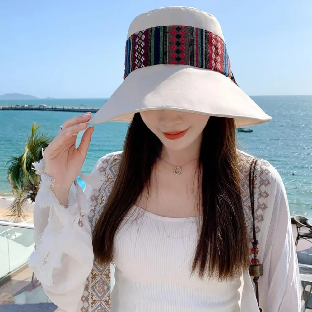 Boho Striped Bucket Sun Hats Packable Wide Brim UPF 50  with String Bow Women