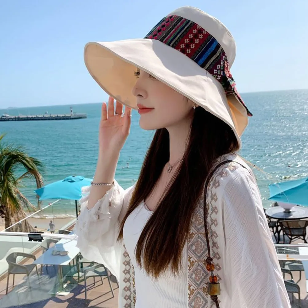 Boho Striped Bucket Sun Hats Packable Wide Brim UPF 50  with String Bow Women