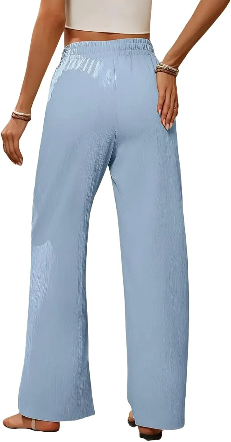 Casual Wide Leg Pants for Women Summer Loose Elastic High Waisted Pant Summer Flowy Palazzo Trousers with Pockets