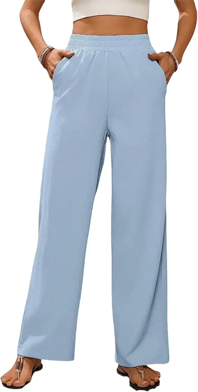 Casual Wide Leg Pants for Women Summer Loose Elastic High Waisted Pant Summer Flowy Palazzo Trousers with Pockets