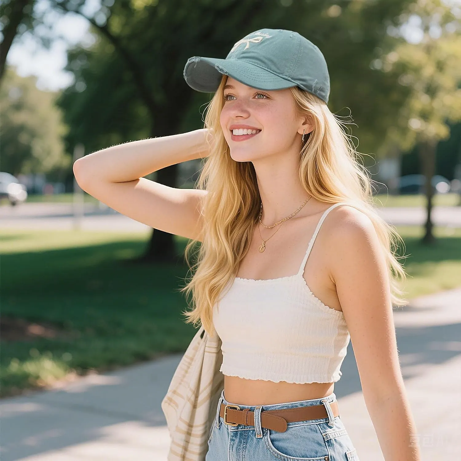 Croogo Distressed Cotton Bow-Tie Baseball Cap Y2k Adjustable Size Dad Hat Cute Trucker Hats for Women Hiking Travel