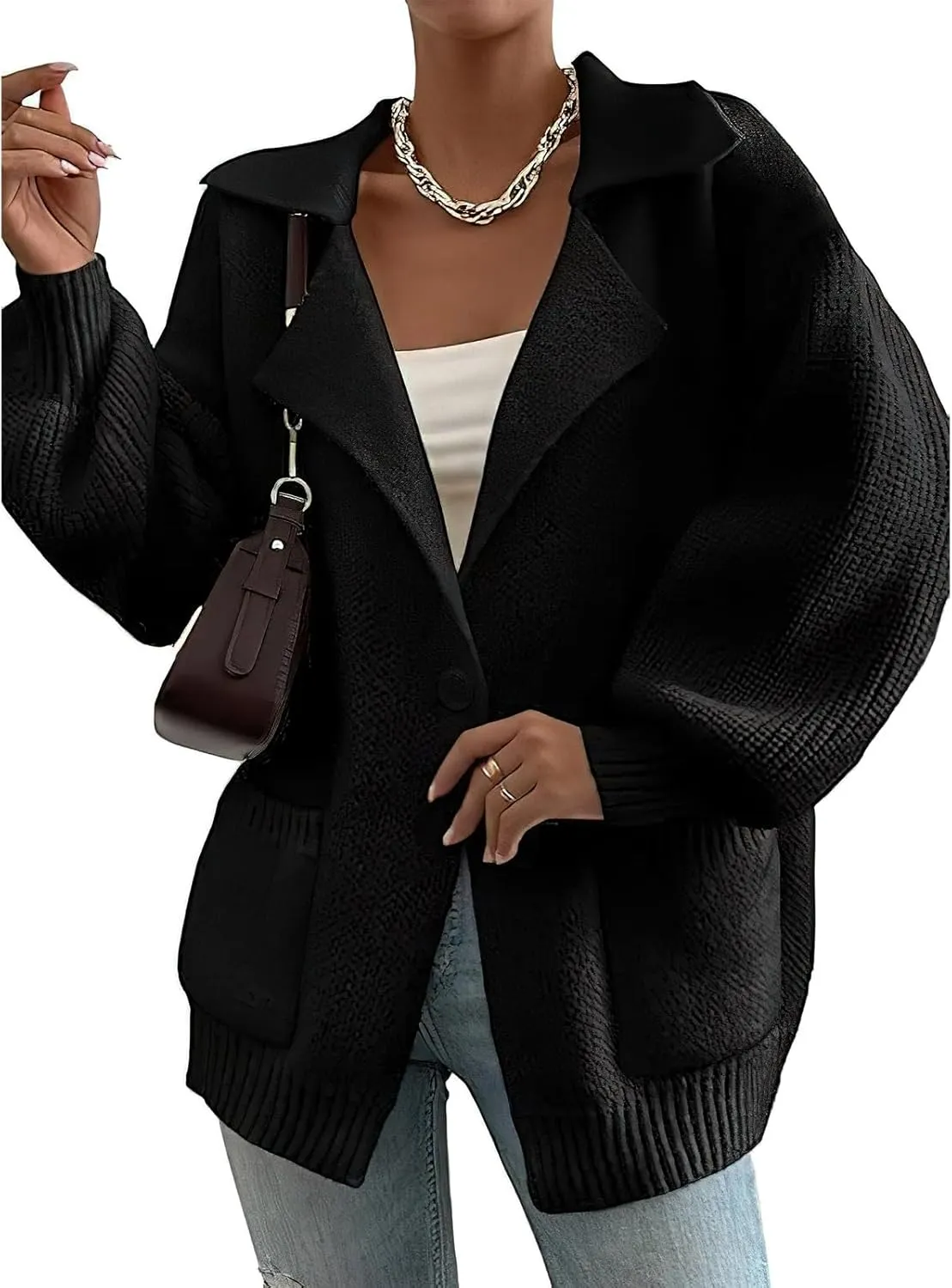 ebossy Women's Trendy Y2K Sweater Long Lantern Sleeve Shawl Lapel Button Baggy Loose Cable Knit Cardigan Outwear