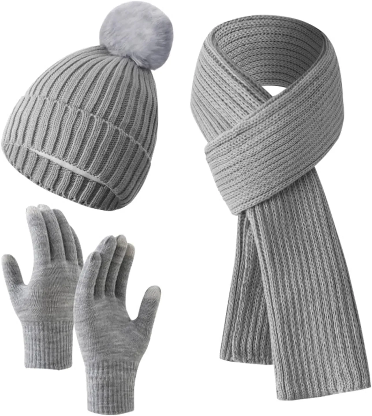 Fleece Lined Winter Beanie Hats Warm Long Scarf Touch Screen Gloves Women Knitted Pom Poms Skull Cap Ski Outdoor Set #G16 Grey