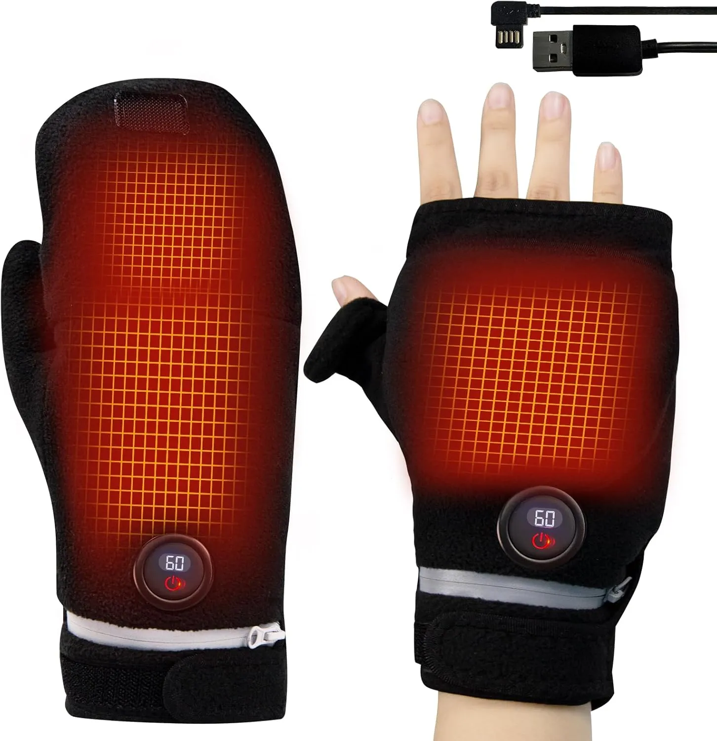 Heated Gloves Fingerless USB Heated Mittens for Men Women Work Full&Half Hands Winter Warm Glove No Battery