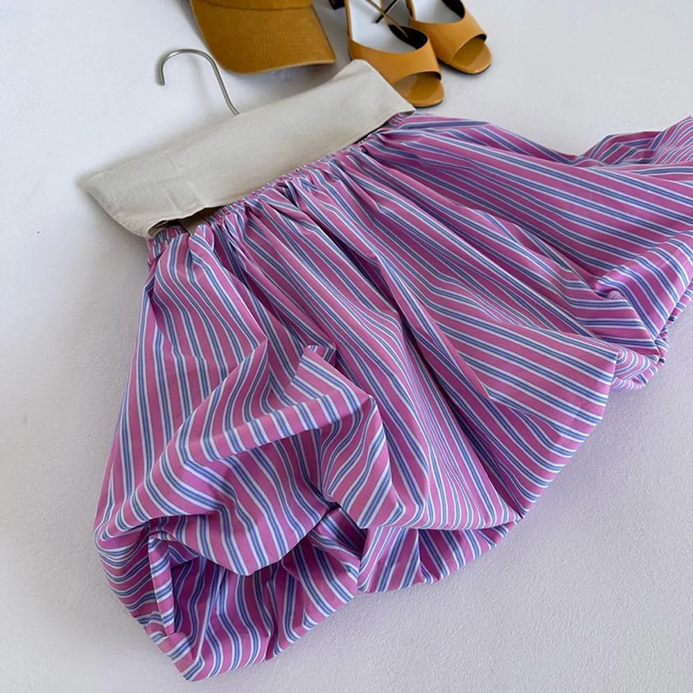 heyheyshine Women Y2k Bubble Mini Skirt Striped Pleated Short Skirts Cotton High Waist Cute Puffy A-Line Flared Skirt