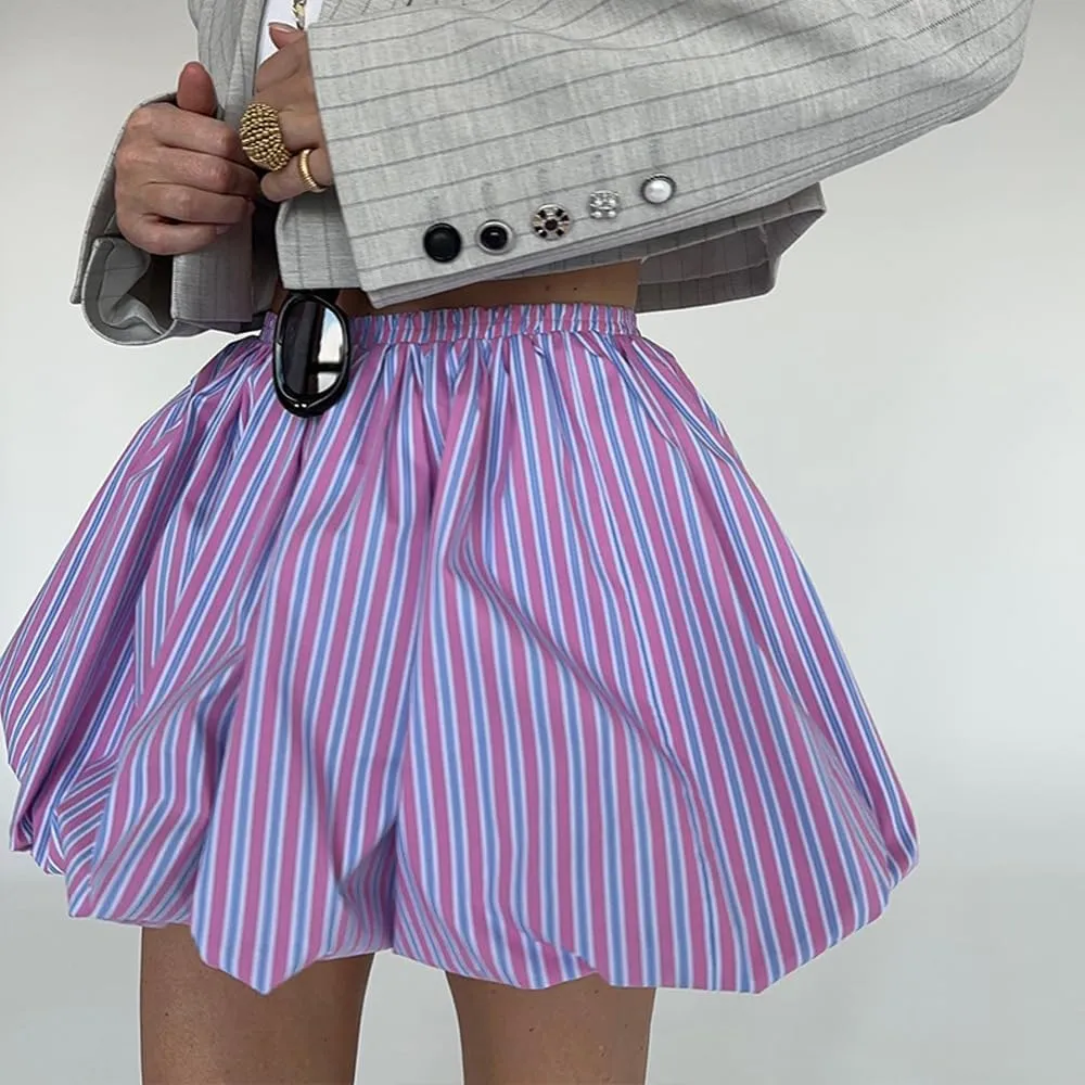 heyheyshine Women Y2k Bubble Mini Skirt Striped Pleated Short Skirts Cotton High Waist Cute Puffy A-Line Flared Skirt