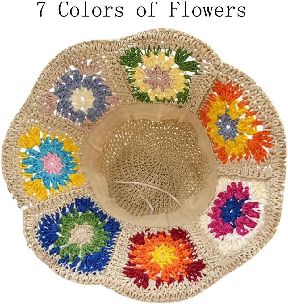 KORADI Women Sun Hats Crochet Granny Square Straw Hat Boho Floral Summer Beach Hats Hollow Out Bucket Hat
