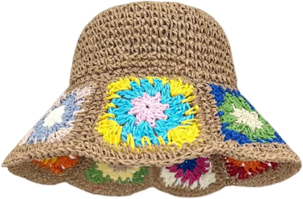 KORADI Women Sun Hats Crochet Granny Square Straw Hat Boho Floral Summer Beach Hats Hollow Out Bucket Hat