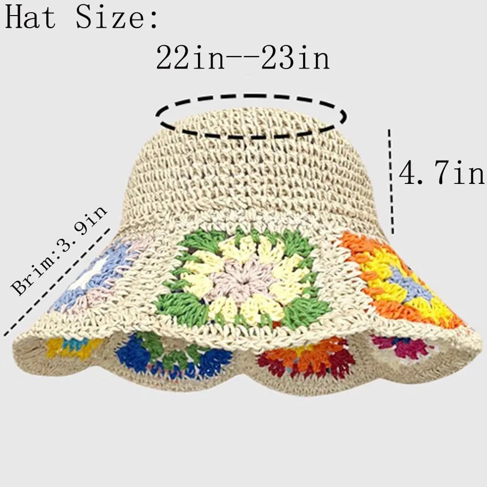 KORADI Women Sun Hats Crochet Granny Square Straw Hat Boho Floral Summer Beach Hats Hollow Out Bucket Hat