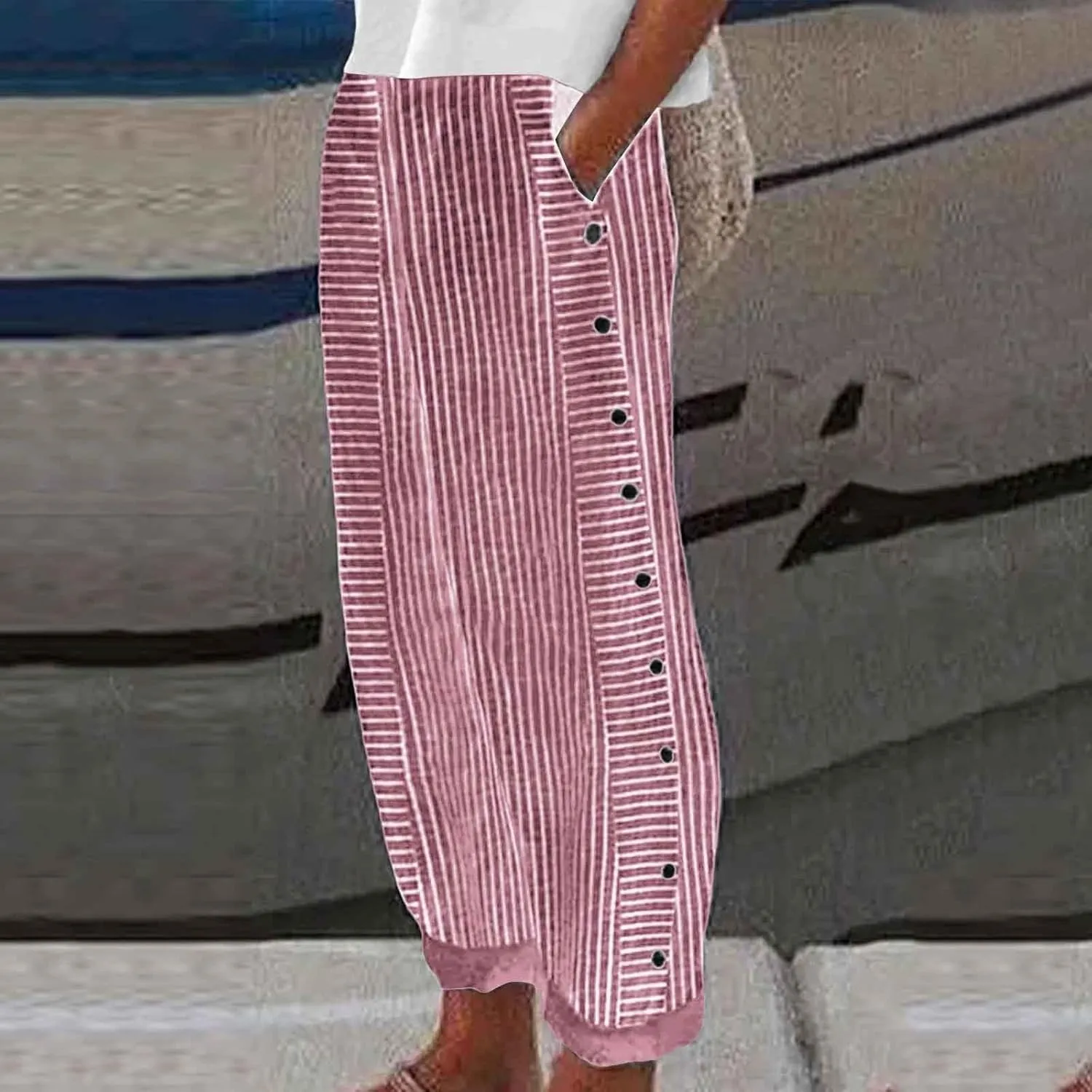 Linen Pants for Women Casual Elastic Waist Straight Leg Trousers Trendy Striped Side Button Baggy Pants with Pockets