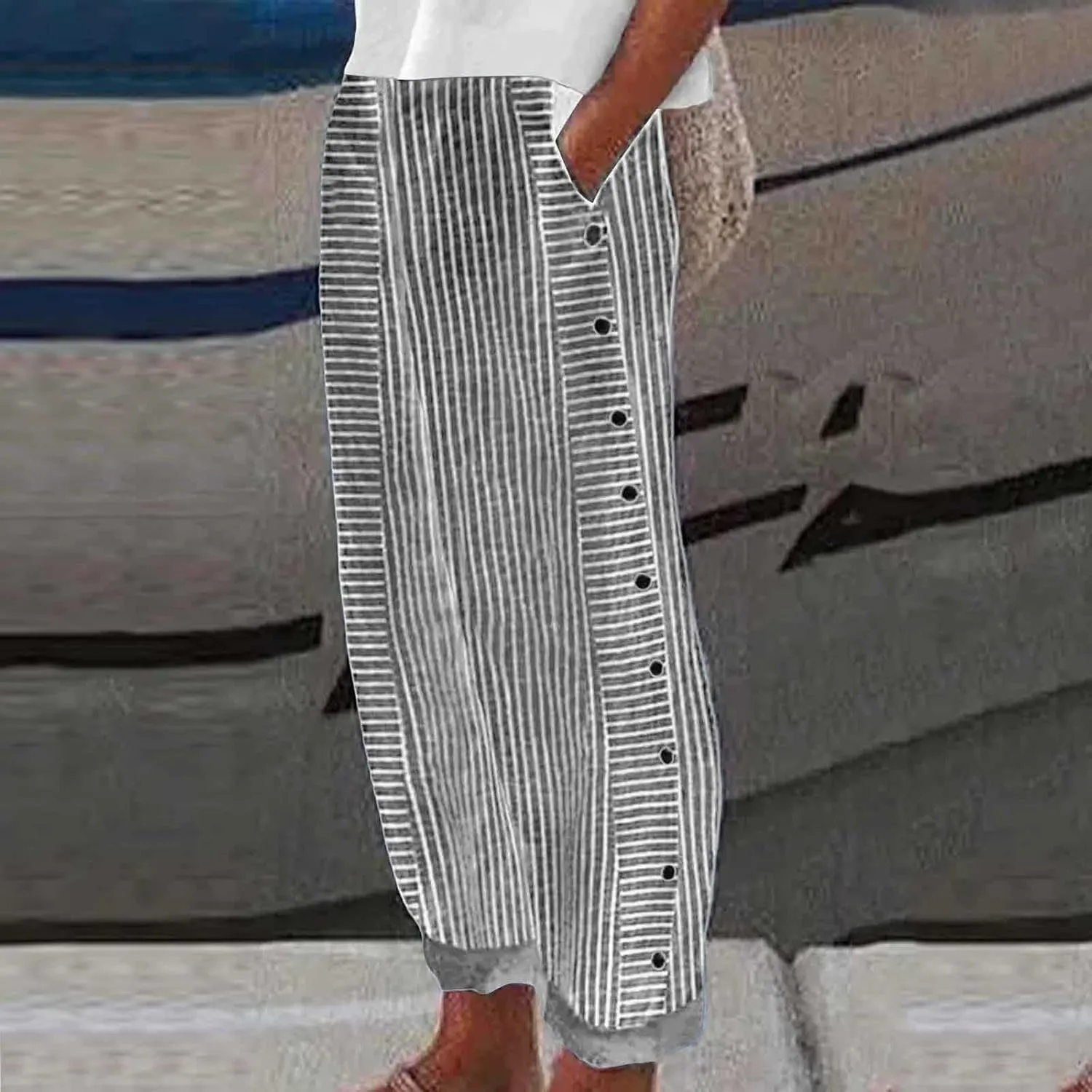 Linen Pants for Women Casual Elastic Waist Straight Leg Trousers Trendy Striped Side Button Baggy Pants with Pockets