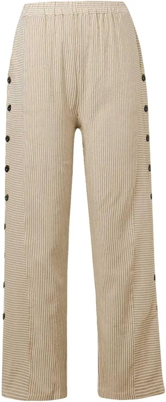 Linen Pants for Women Casual Elastic Waist Straight Leg Trousers Trendy Striped Side Button Baggy Pants with Pockets