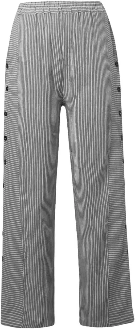 Linen Pants for Women Casual Elastic Waist Straight Leg Trousers Trendy Striped Side Button Baggy Pants with Pockets