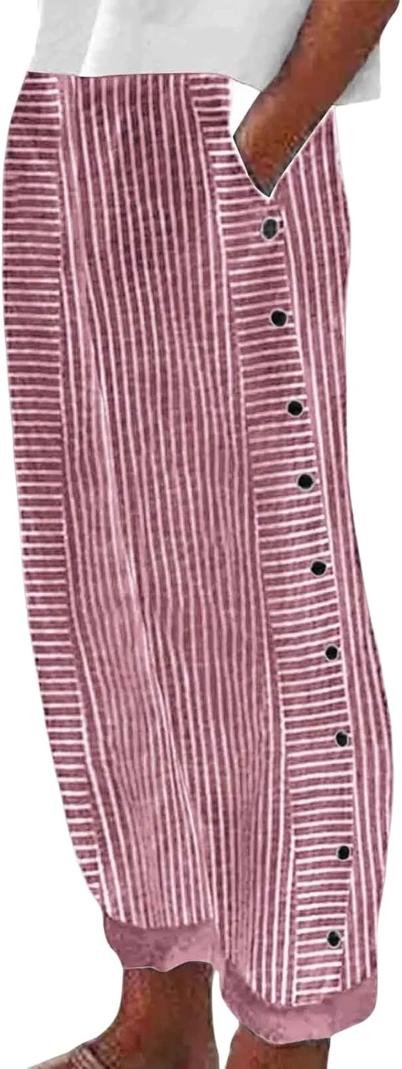 Linen Pants for Women Casual Elastic Waist Straight Leg Trousers Trendy Striped Side Button Baggy Pants with Pockets