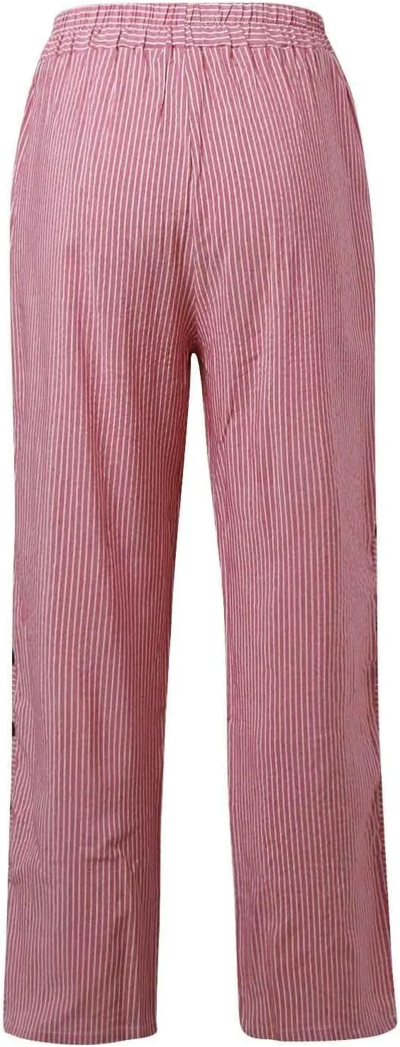 Linen Pants for Women Casual Elastic Waist Straight Leg Trousers Trendy Striped Side Button Baggy Pants with Pockets
