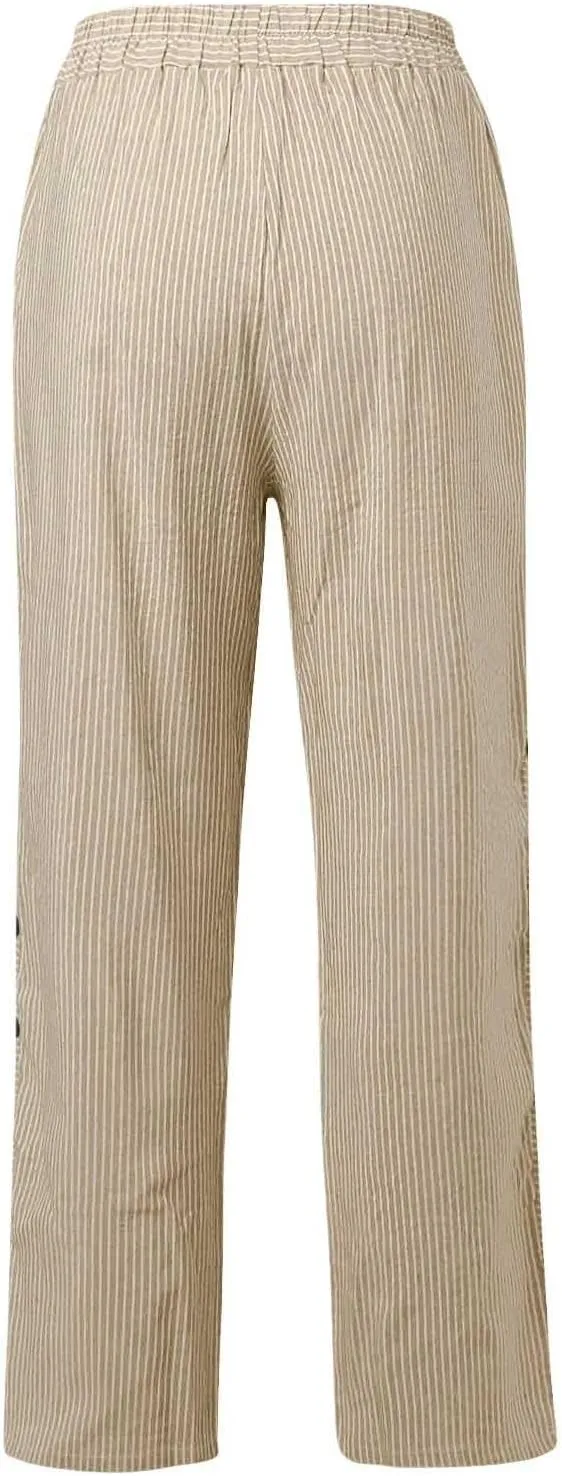 Linen Pants for Women Casual Elastic Waist Straight Leg Trousers Trendy Striped Side Button Baggy Pants with Pockets