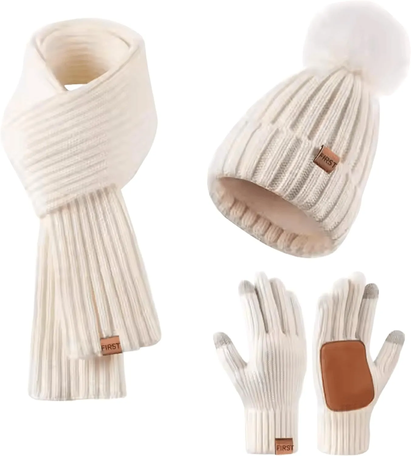 Matching White/Beige Warm Winter Scarf, Hat, Gloves Set for Women | 100% Acrylic Rib Knit Cuffed Beanie with Pom, Long Scarf, Gloves Touchscreen eTip Fingers