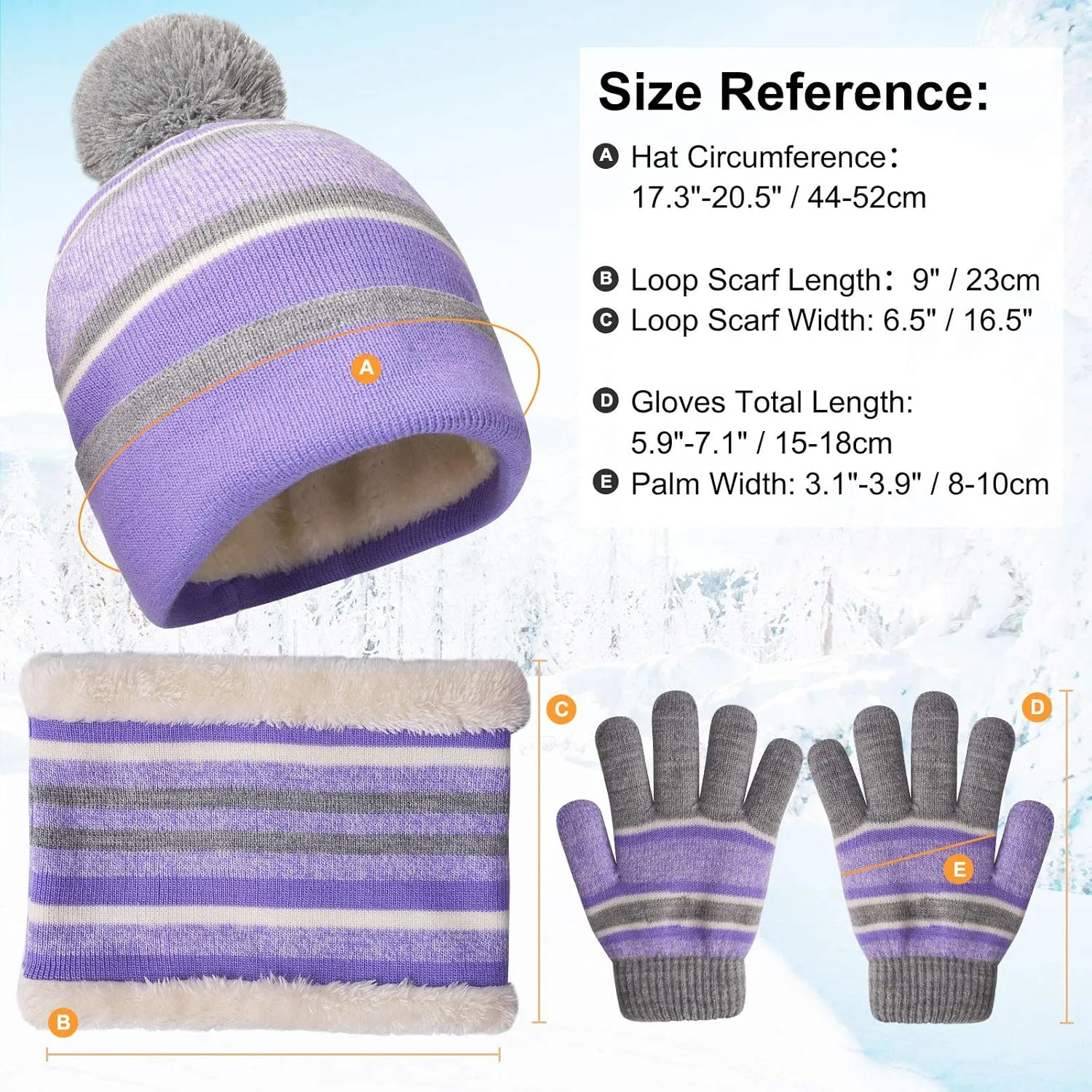 MAYLISACC Winter Kids Hat Scarf and Gloves 3Pcs Set for Boys and Girls Toddler Age 3-6, Striped Pom Beanie Glove Neck Warmer
