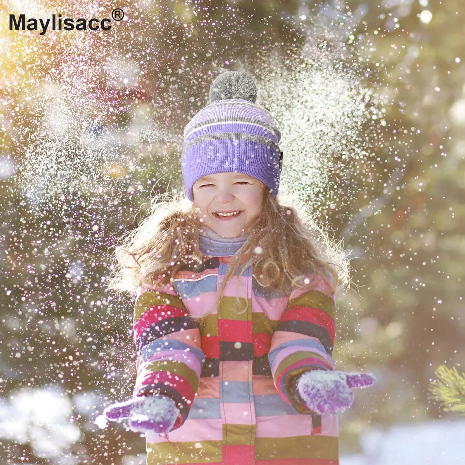 MAYLISACC Winter Kids Hat Scarf and Gloves 3Pcs Set for Boys and Girls Toddler Age 3-6, Striped Pom Beanie Glove Neck Warmer