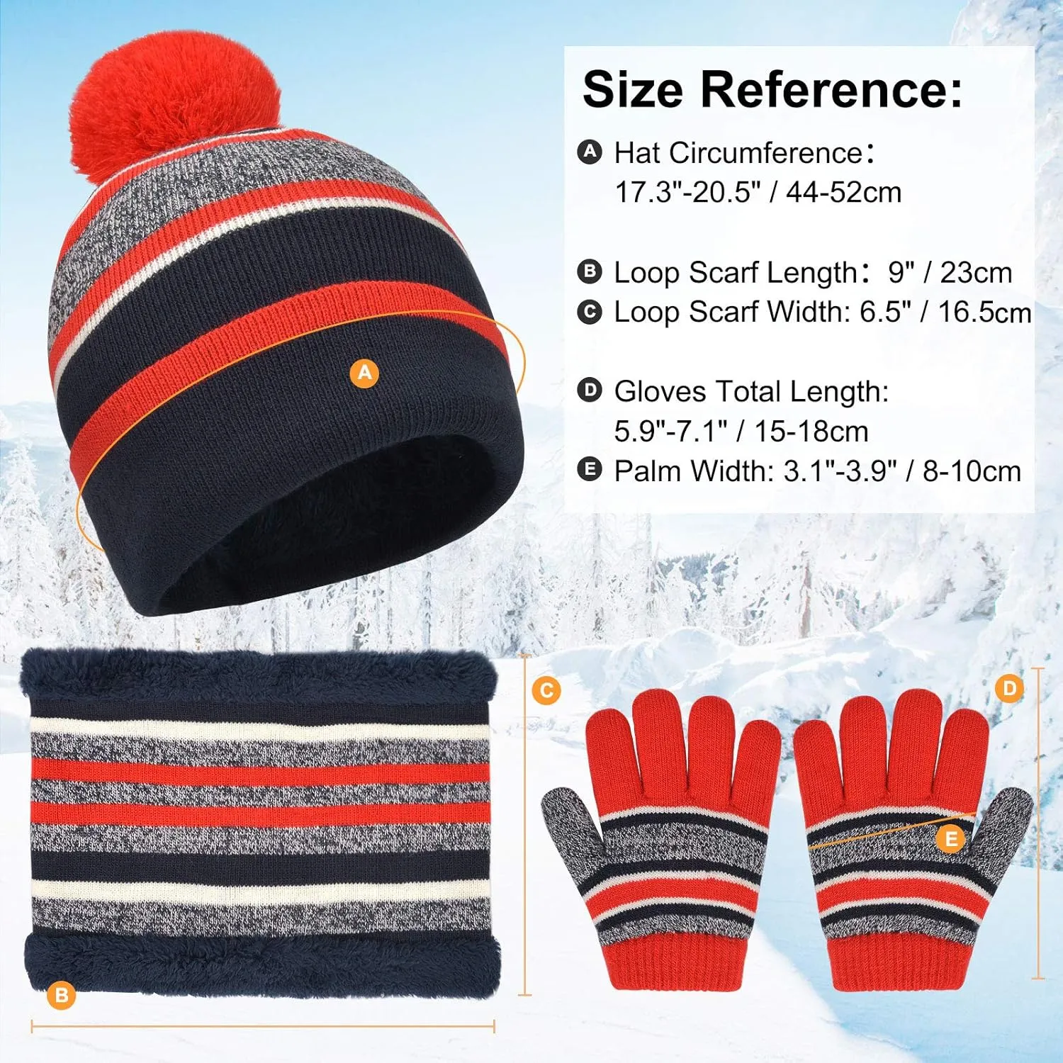 MAYLISACC Winter Kids Hat Scarf and Gloves 3Pcs Set for Boys and Girls Toddler Age 3-6, Striped Pom Beanie Glove Neck Warmer