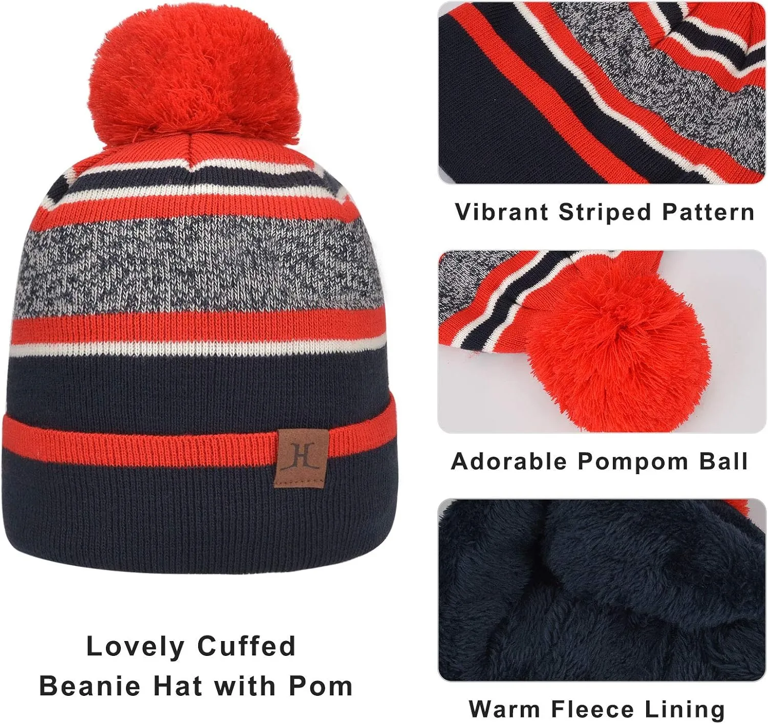 MAYLISACC Winter Kids Hat Scarf and Gloves 3Pcs Set for Boys and Girls Toddler Age 3-6, Striped Pom Beanie Glove Neck Warmer