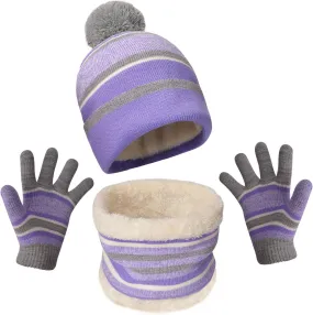MAYLISACC Winter Kids Hat Scarf and Gloves 3Pcs Set for Boys and Girls Toddler Age 3-6, Striped Pom Beanie Glove Neck Warmer