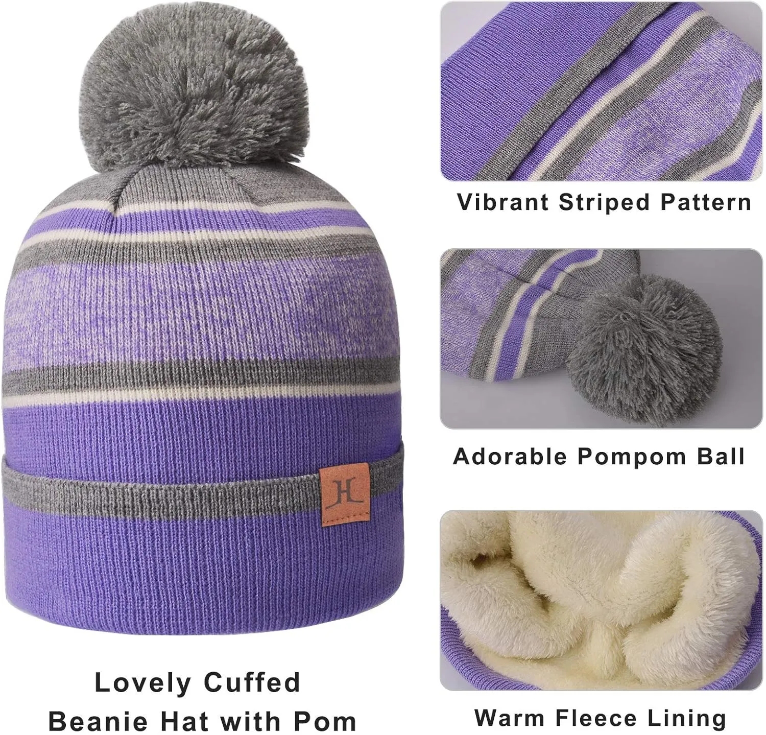 MAYLISACC Winter Kids Hat Scarf and Gloves 3Pcs Set for Boys and Girls Toddler Age 3-6, Striped Pom Beanie Glove Neck Warmer