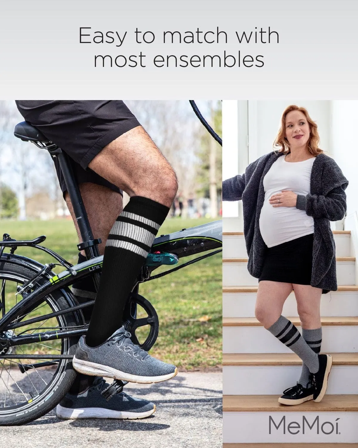 MeMoi Unisex Striped Athletic Cushion Sole Knee High Cotton Blend 15-20mmHg Graduated Compression Socks