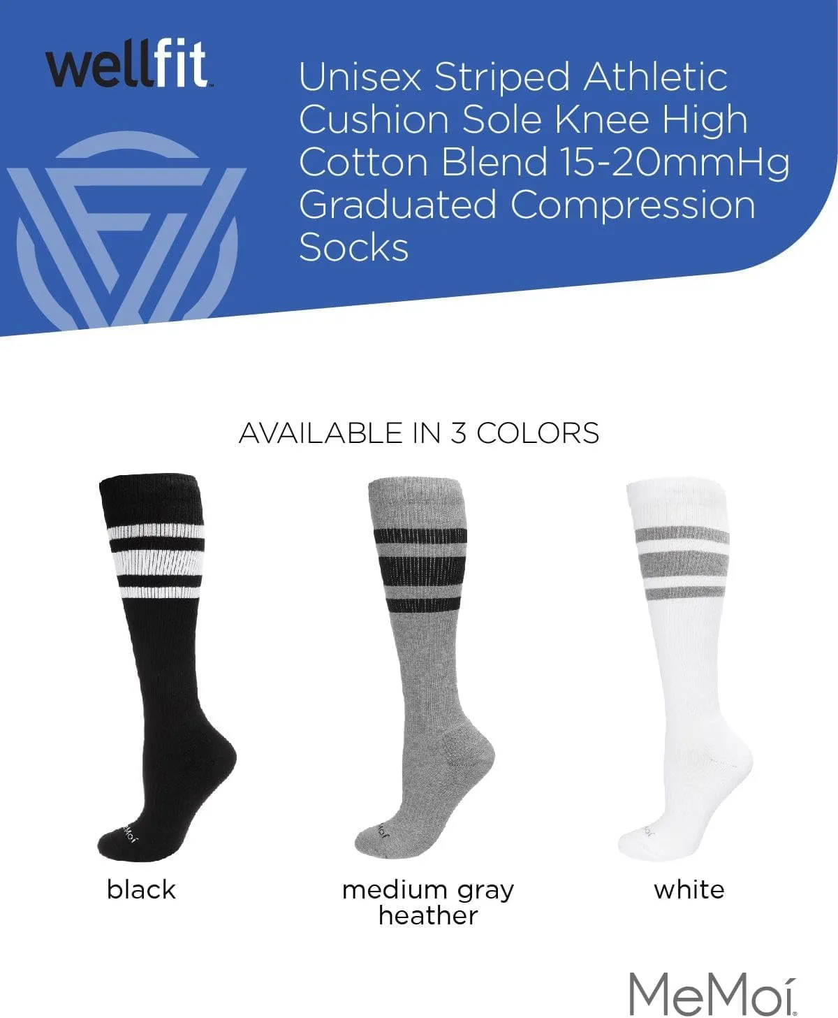 MeMoi Unisex Striped Athletic Cushion Sole Knee High Cotton Blend 15-20mmHg Graduated Compression Socks