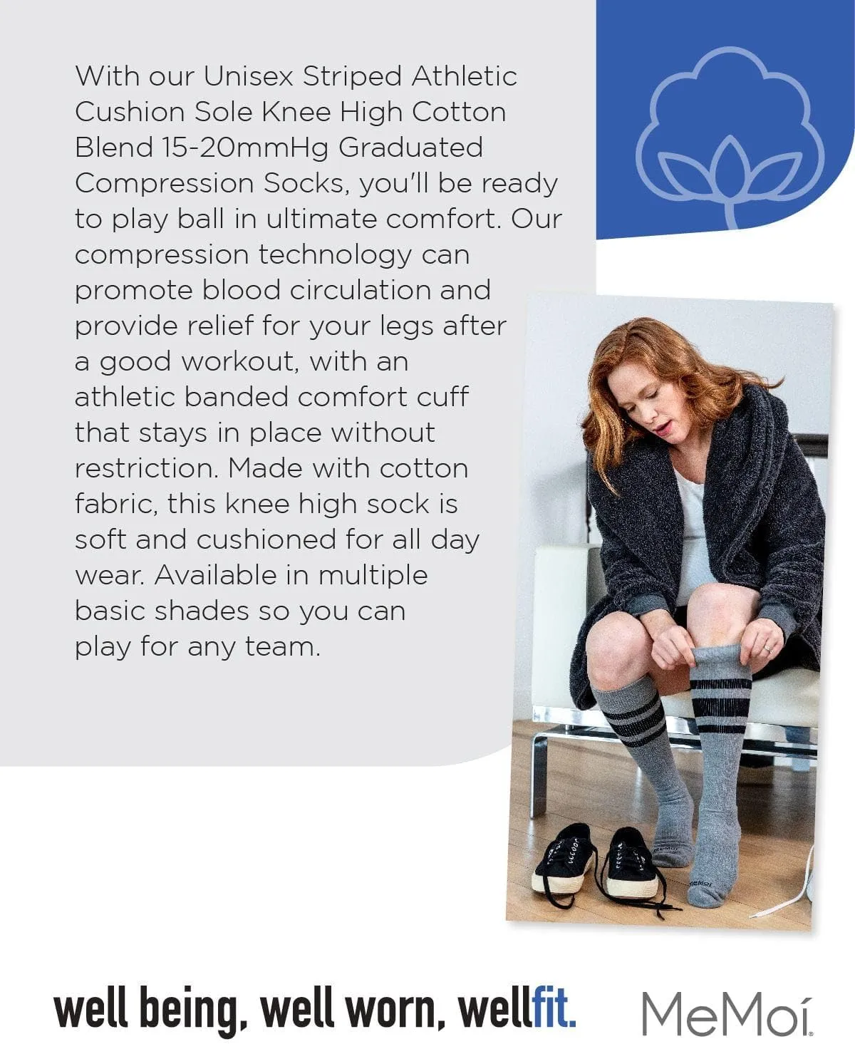 MeMoi Unisex Striped Athletic Cushion Sole Knee High Cotton Blend 15-20mmHg Graduated Compression Socks