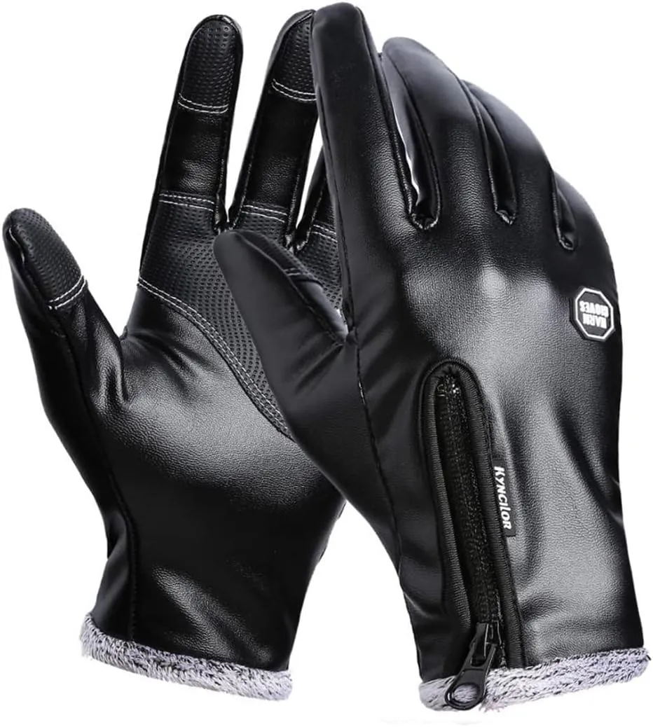 Mens Leather Touch Screen Gloves,Winter Waterproof Fleece Lined Thermal Mittens Windproof Anti Slip for Driving Sports