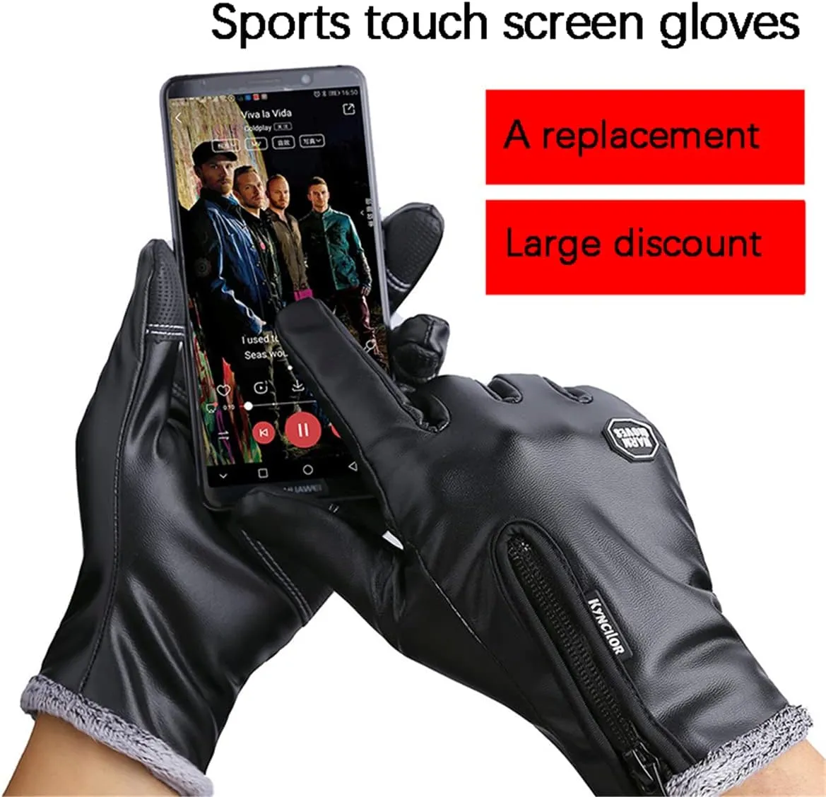 Mens Leather Touch Screen Gloves,Winter Waterproof Fleece Lined Thermal Mittens Windproof Anti Slip for Driving Sports