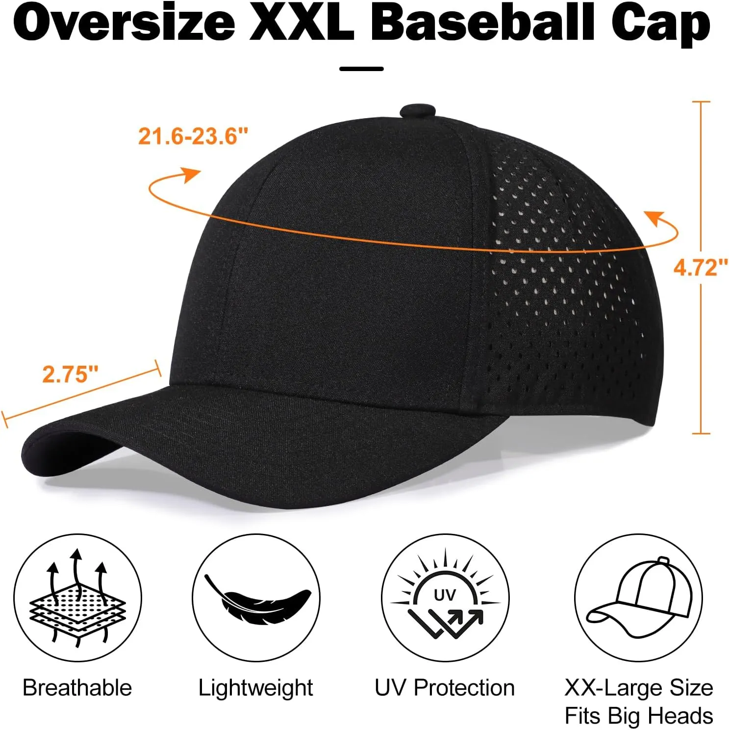 Men's Oversize XXL Baseball Cap Adjustable Performance Snapback Hat Laser Perforated Cap Plus Size for Big Head