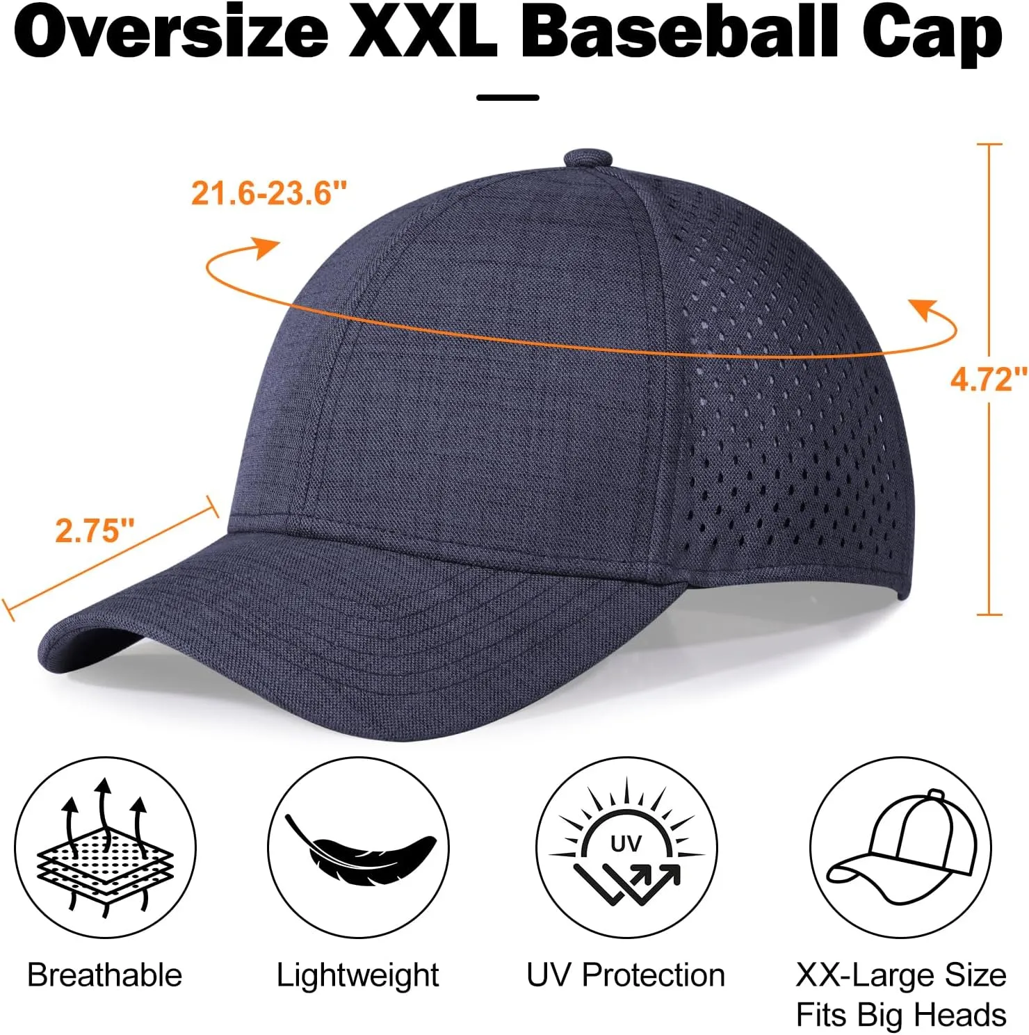 Men's Oversize XXL Baseball Cap Adjustable Performance Snapback Hat Laser Perforated Cap Plus Size for Big Head