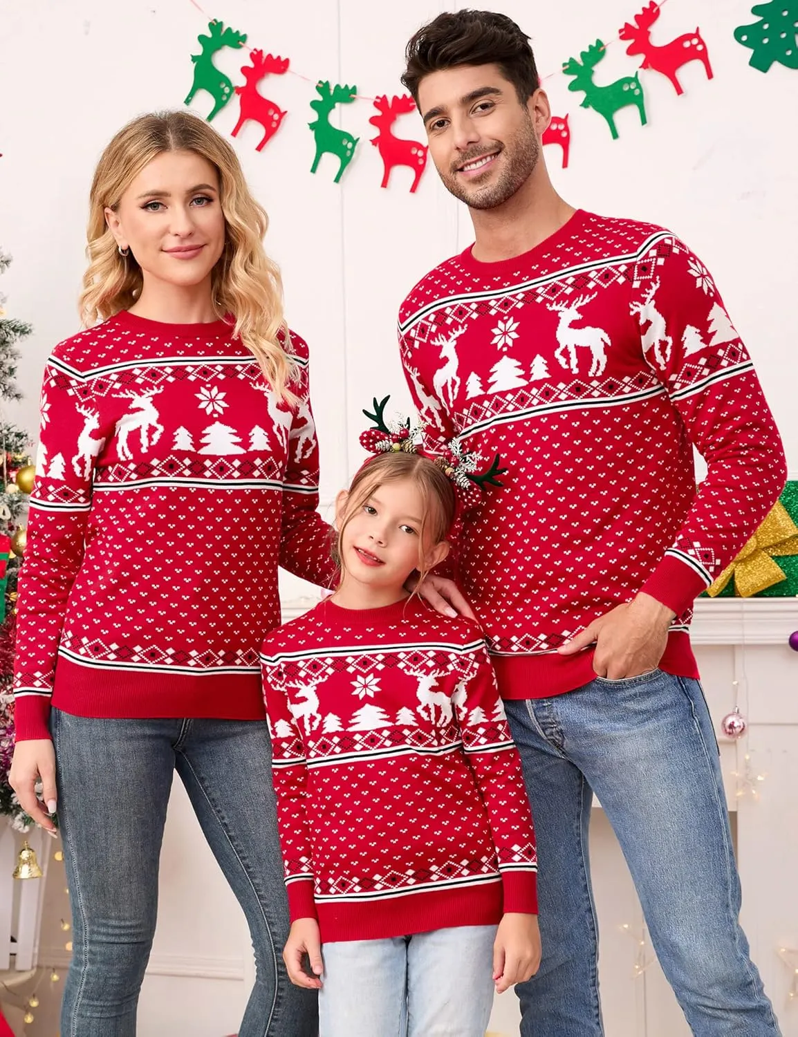 MISSKY Family Christmas Sweater Crew Neck Reindeer Snowflakes Knitted Pullover for Women/Men/Kids