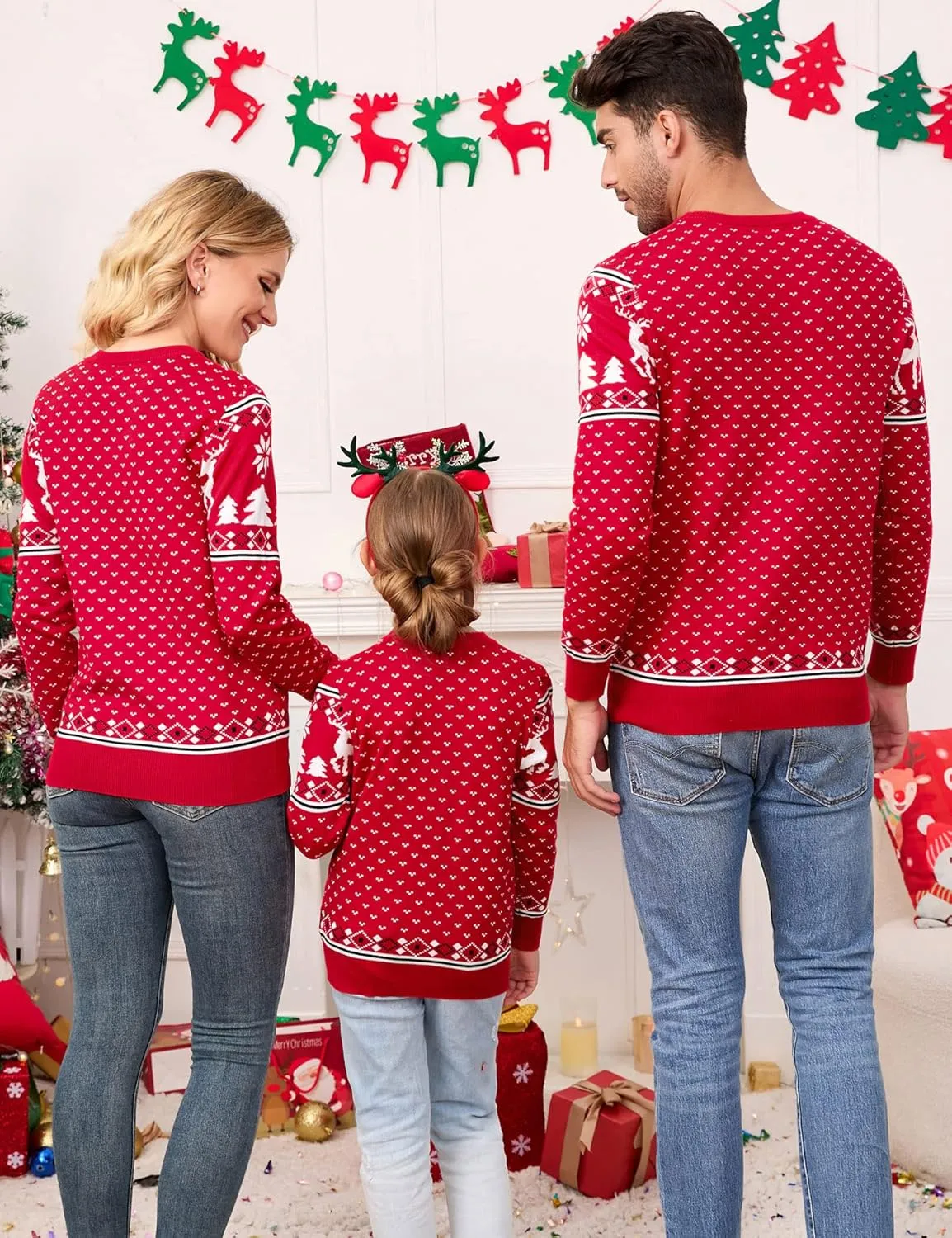 MISSKY Family Christmas Sweater Crew Neck Reindeer Snowflakes Knitted Pullover for Women/Men/Kids