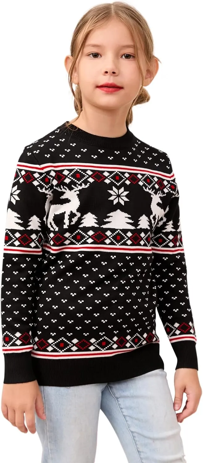 MISSKY Family Christmas Sweater Crew Neck Reindeer Snowflakes Knitted Pullover for Women/Men/Kids