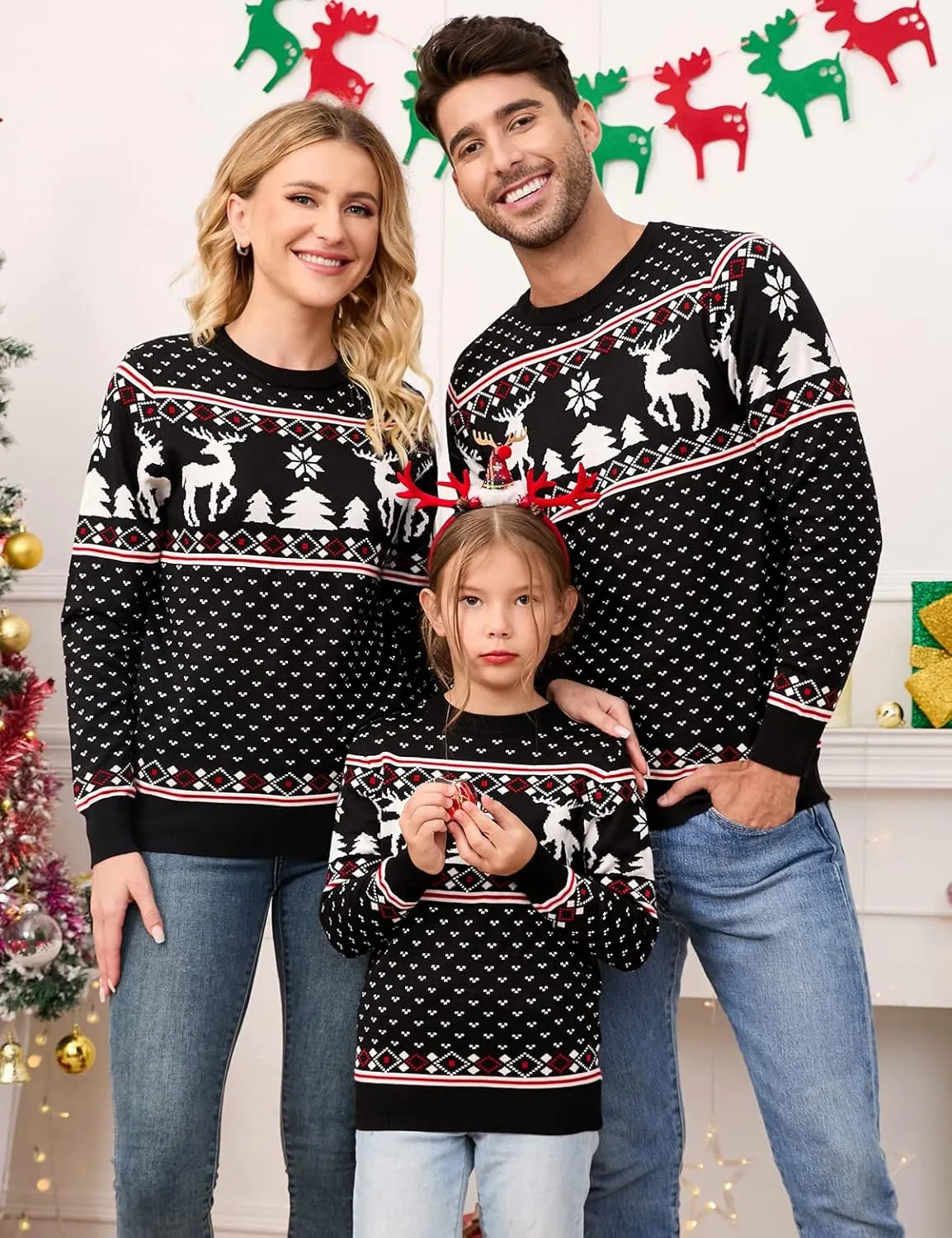 MISSKY Family Christmas Sweater Crew Neck Reindeer Snowflakes Knitted Pullover for Women/Men/Kids