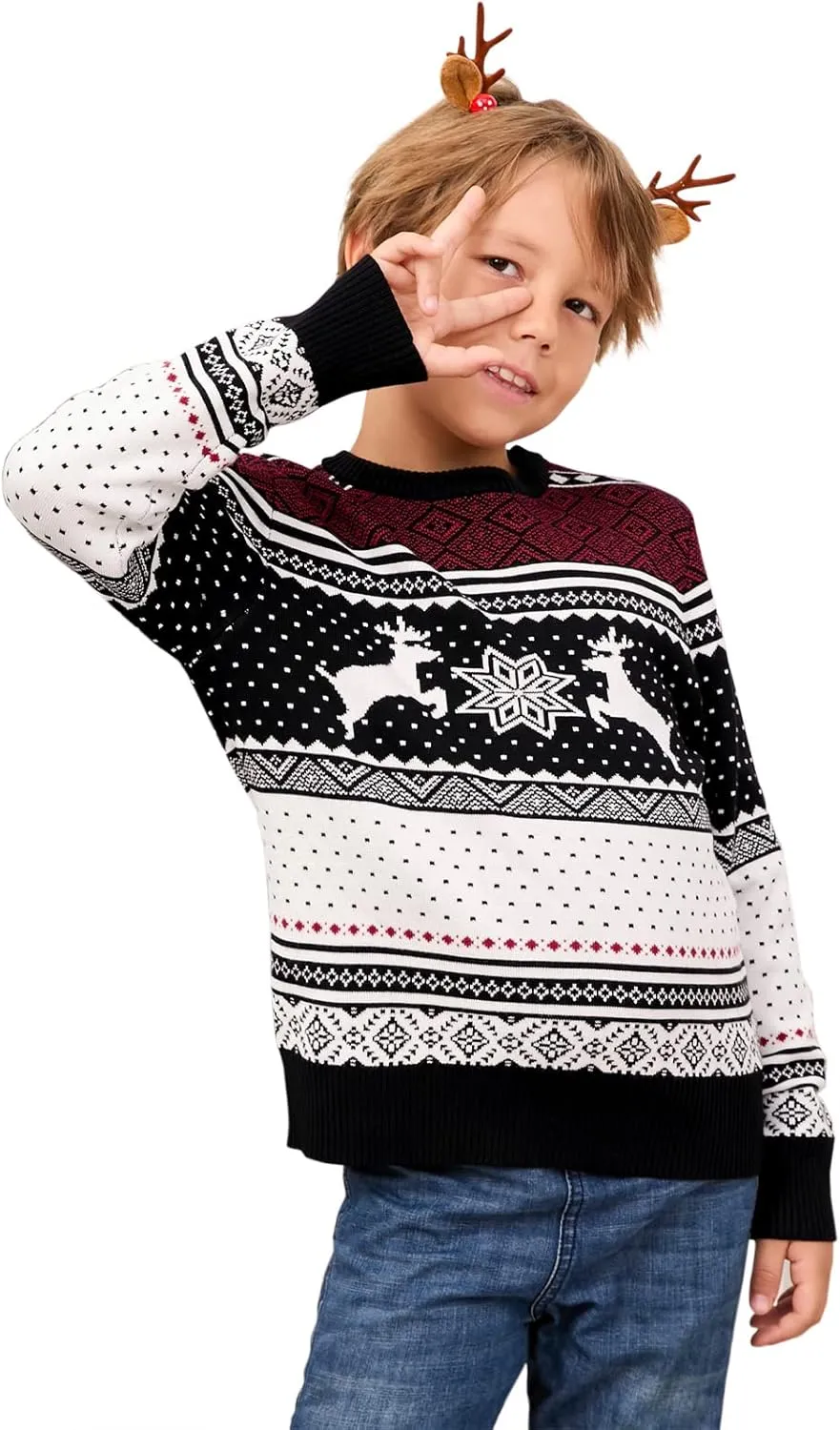 MISSKY Family Christmas Sweater Crew Neck Reindeer Snowflakes Knitted Pullover for Women/Men/Kids
