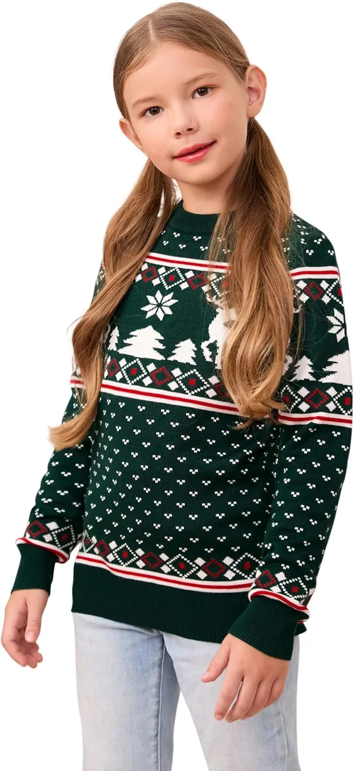 MISSKY Family Christmas Sweater Crew Neck Reindeer Snowflakes Knitted Pullover for Women/Men/Kids