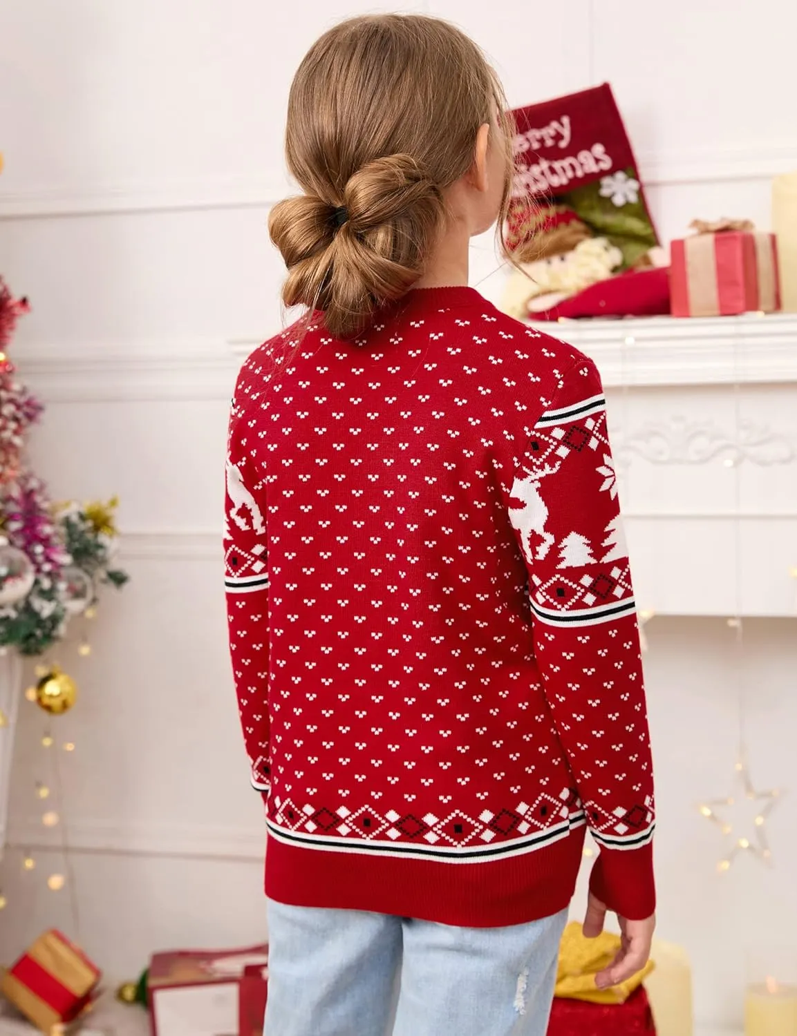 MISSKY Family Christmas Sweater Crew Neck Reindeer Snowflakes Knitted Pullover for Women/Men/Kids
